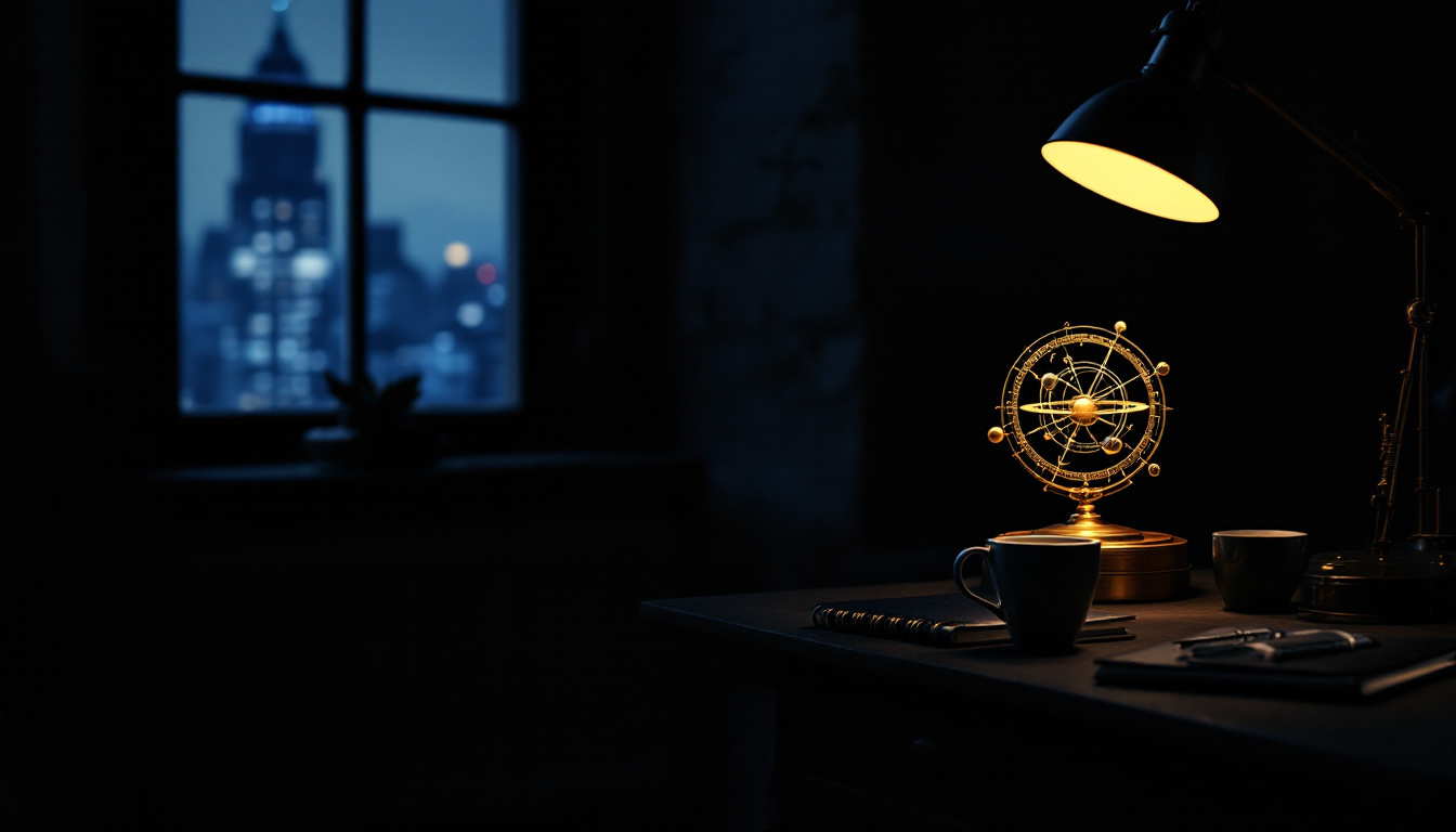 A dark study at night, a brass orrery catching the light of a single warm desk lamp, a cold city window far behind.
