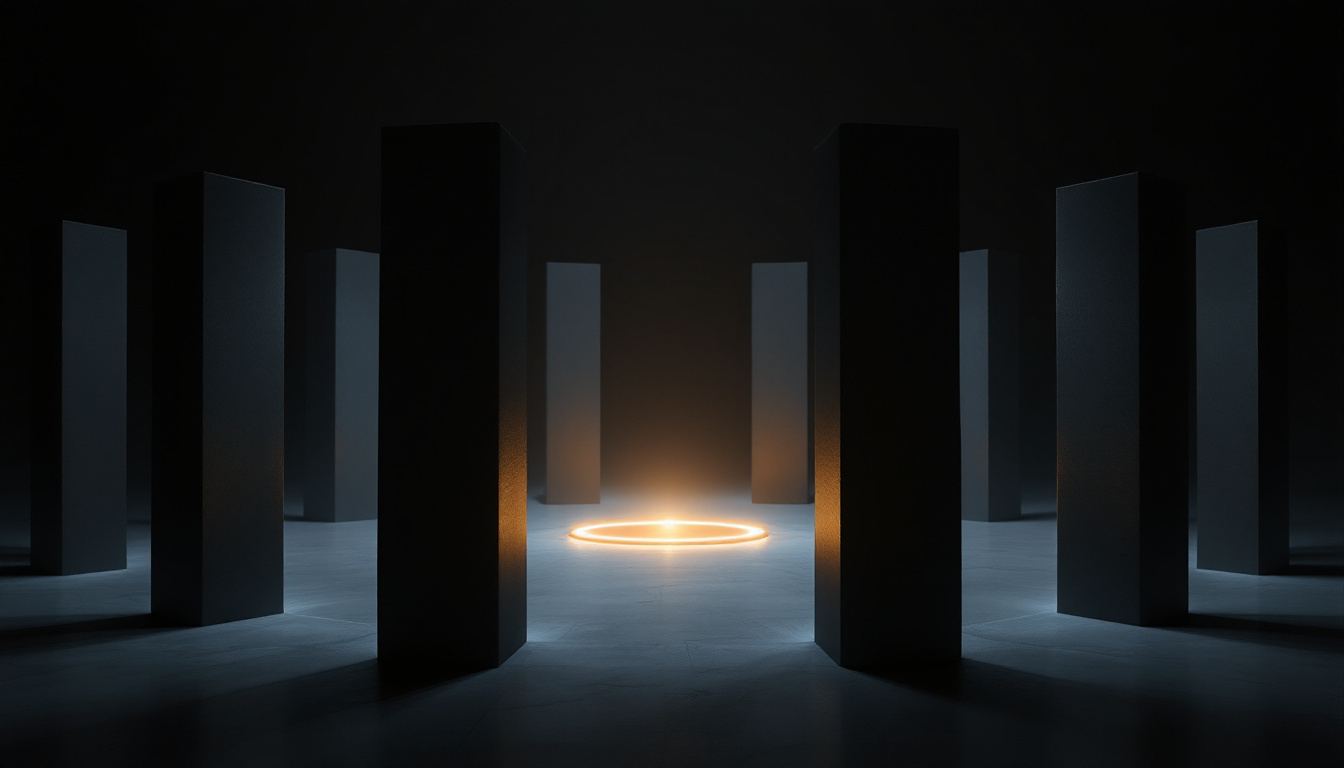 A ring of twelve tall dark monoliths in a black void, each with a thin seam of pale light, facing one small bright golden point at the center.
