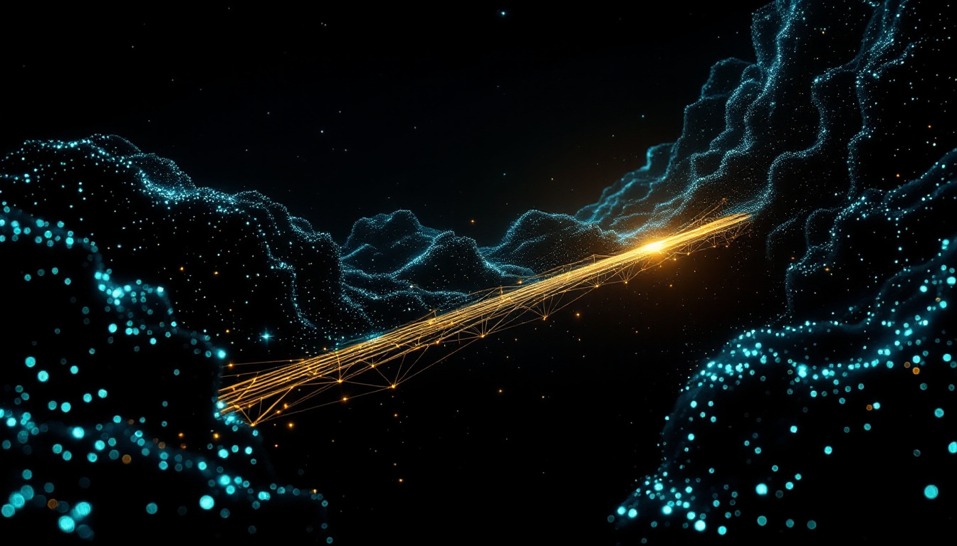 Two massive dark structures of tiny points of light joined by a taut luminous bridge of filaments, teal at one end turning gold at the other.