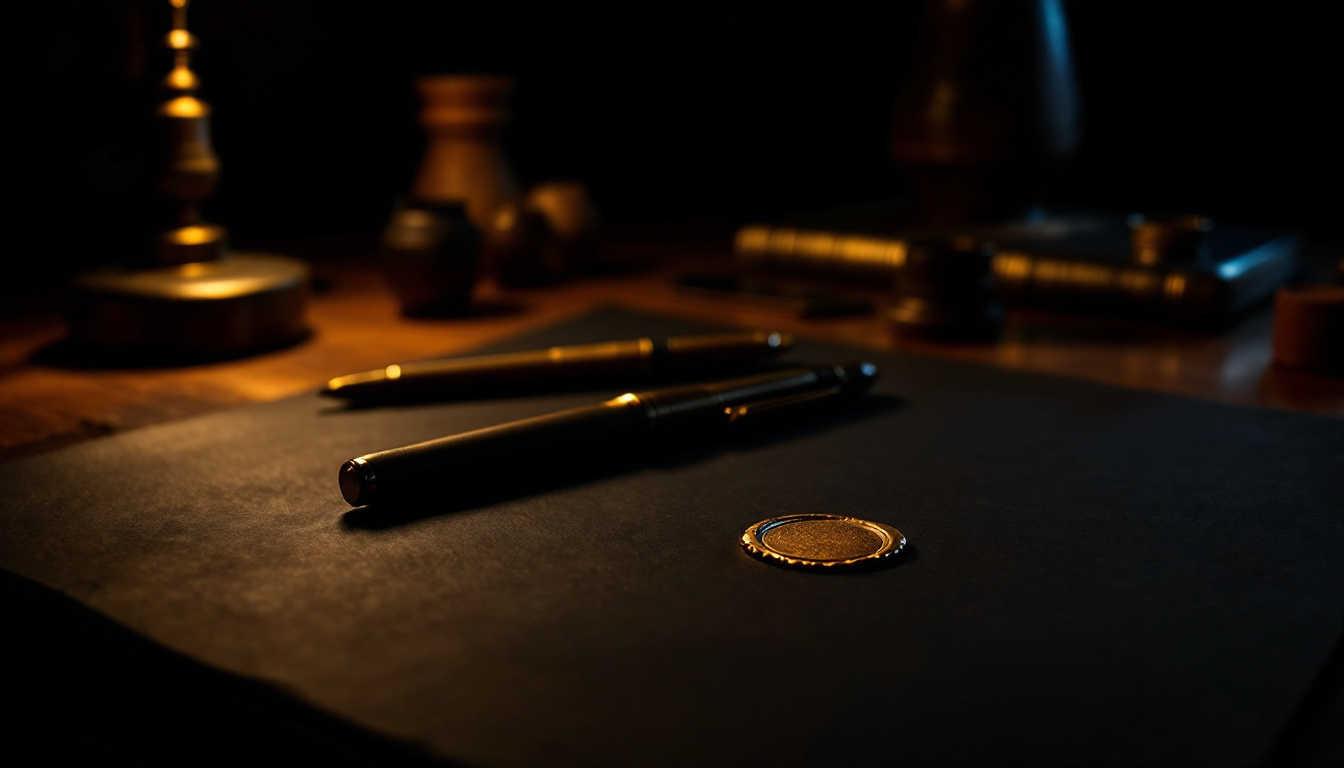 A dark desk at night with brass drafting instruments resting on slate-gray paper beside a small unmarked gold seal.